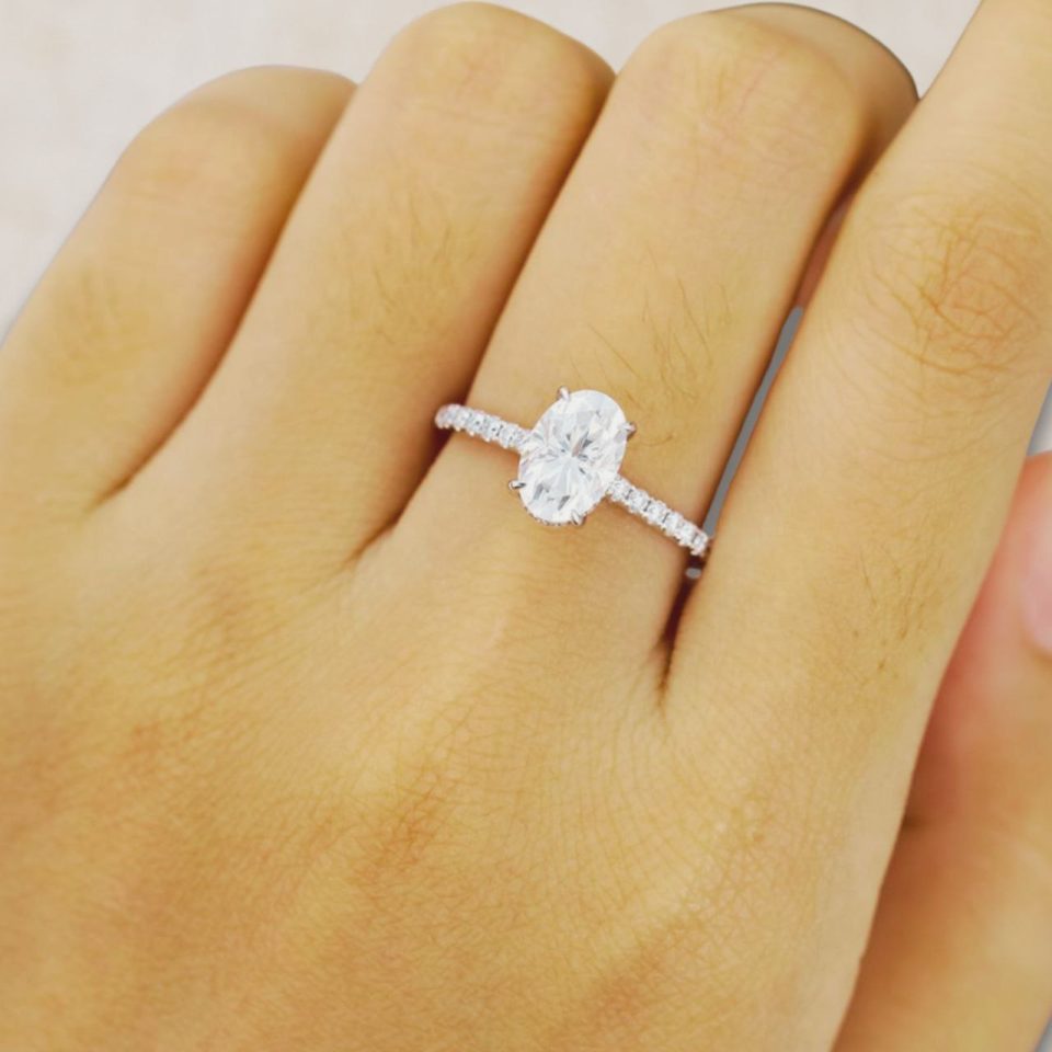 Oval Cut Moissanite Engagement Ring with Hidden Halo and Half Pavé Band (2)