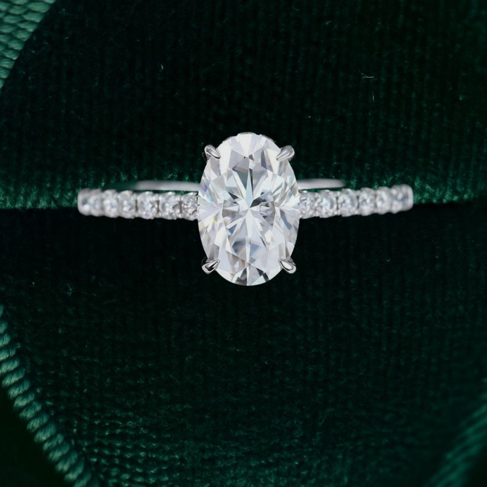 Oval Cut Moissanite Engagement Ring with Hidden Halo and Half Pavé Band (5)