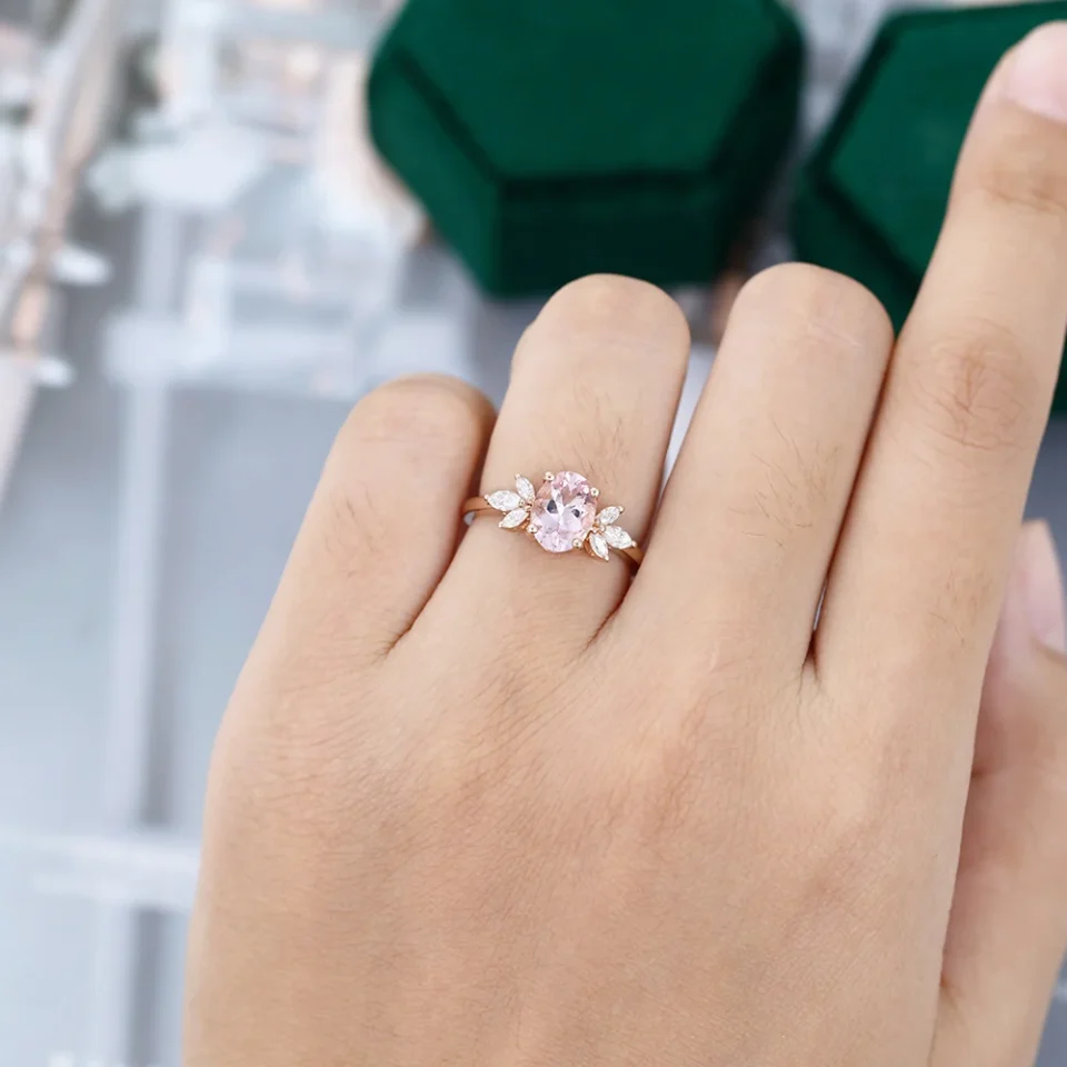 Oval Cut Pink Morganite Petal Cluster Engagement Ring .0
