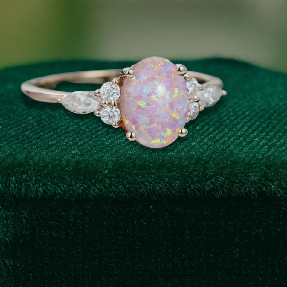 Oval Lab Pink Opal Promise Ring with Moissanite Accents (4)
