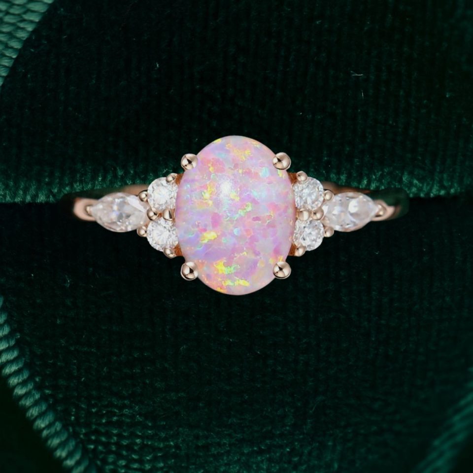 Oval Lab Pink Opal Promise Ring with Moissanite Accents (5)