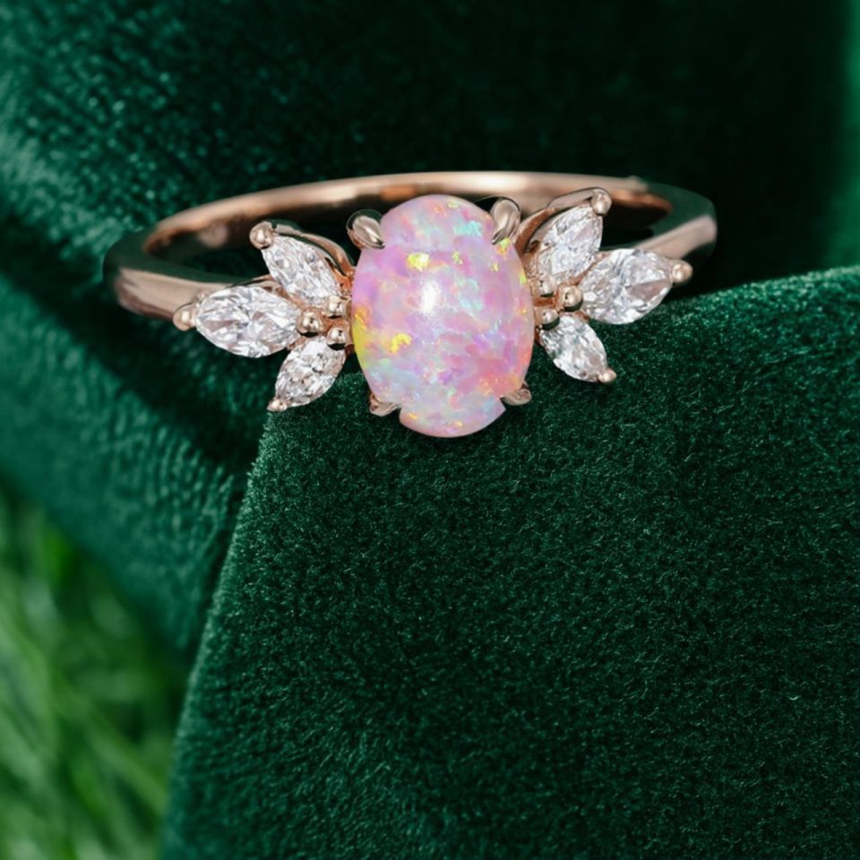 Oval Pink Opal Engagement Ring with Moissanite Wings – Anniversary Gift (1)