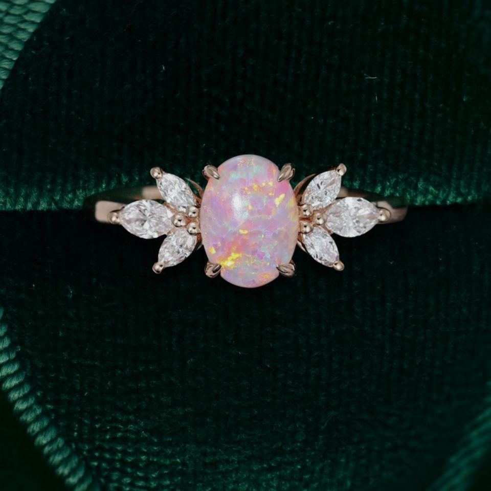 Oval Pink Opal Engagement Ring with Moissanite Wings – Anniversary Gift (4)