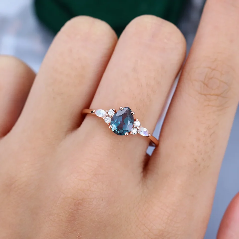 Pear Cut Alexandrite and Moonstone Dual Gemstone Engagement Ring in Rose Gold (1)