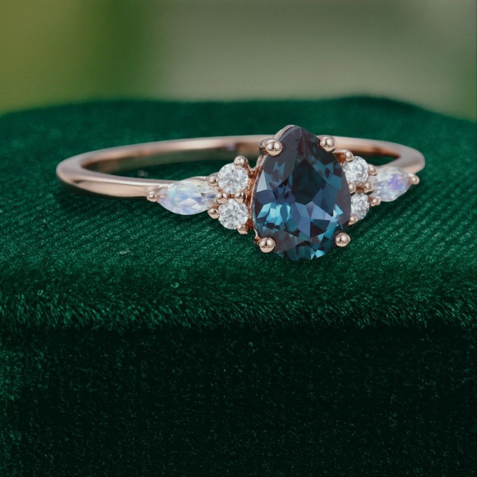 Pear Cut Alexandrite and Moonstone Dual Gemstone Engagement Ring in Rose Gold (3)