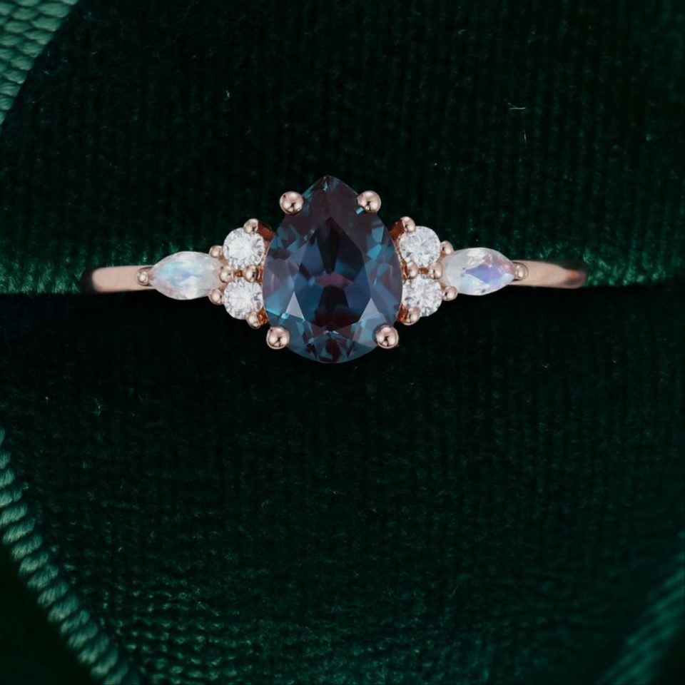 Pear Cut Alexandrite and Moonstone Dual Gemstone Engagement Ring in Rose Gold (4)