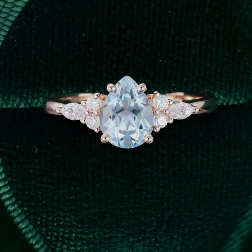 Pear Cut Aquamarine Engagement Ring with Dazzling Cluster Setting for Women (5)