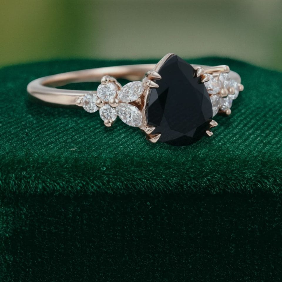 Pear Cut Black Onyx Engagement Ring with Nature Inspired Floral Side Detailing (7)