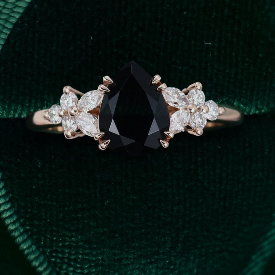 Pear Cut Black Onyx Engagement Ring with Nature Inspired Floral Side Detailing (8)