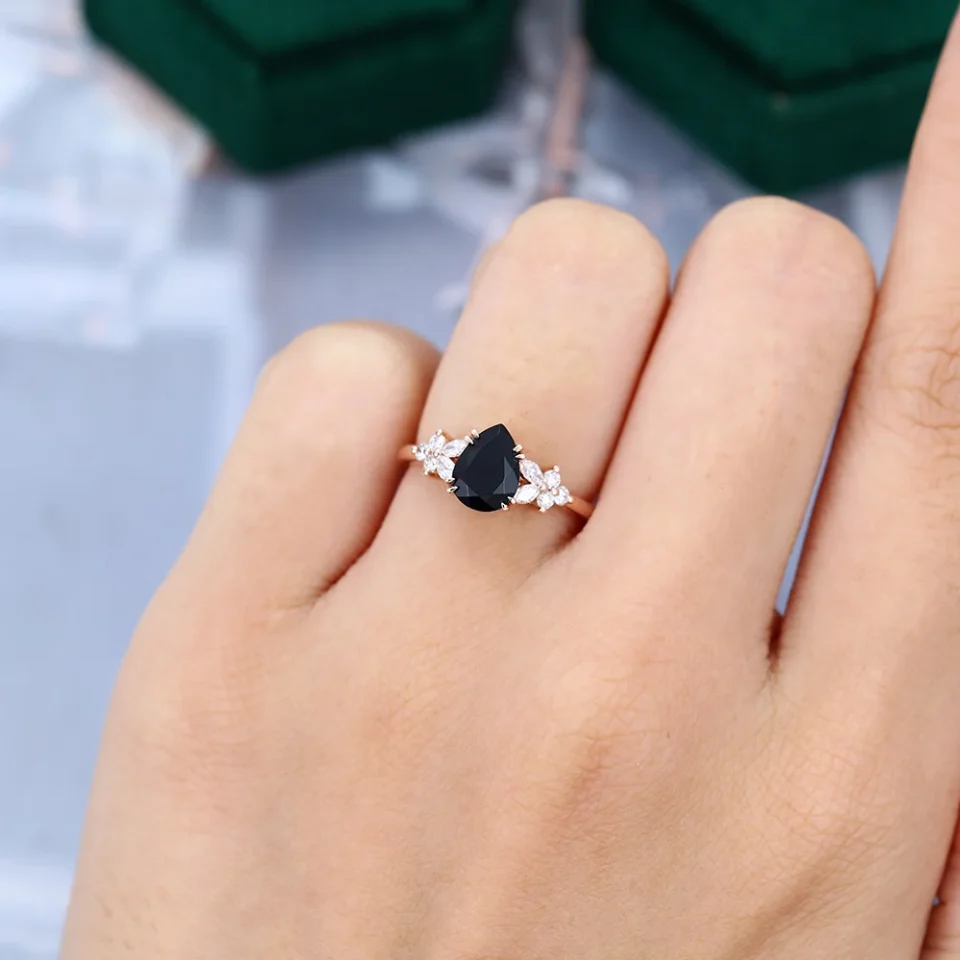 Pear Cut Black Onyx Engagement Ring with Nature Inspired Floral Side Detailing.0