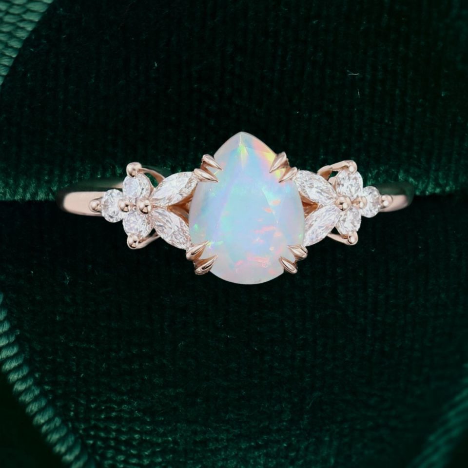 Pear Cut Ethiopian Natural Opal Engagement Ring with Moissanite Blossom (4)
