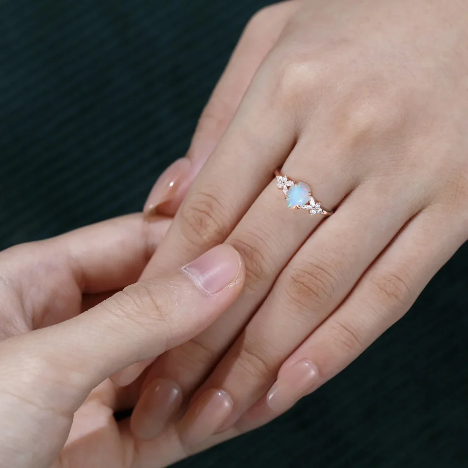 Pear Cut Ethiopian Natural Opal Engagement Ring with Moissanite Blossom.0