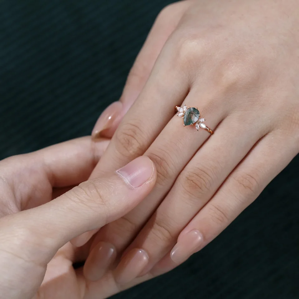 Pear Cut Moss Agate Bridal Ring Featuring Twisted Band and Marquise Accents.0