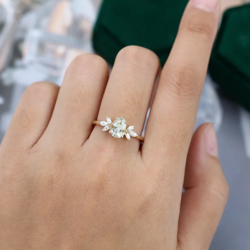 Pear Shaped Green Amethyst Engagement Ring in Yellow Gold .0