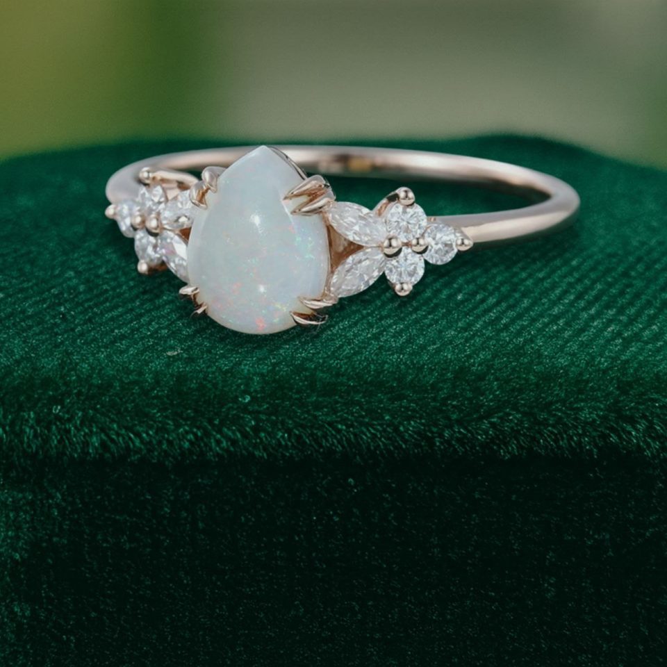 Pear Shaped Opal Engagement Ring – Moissanite Blossom Setting (2)