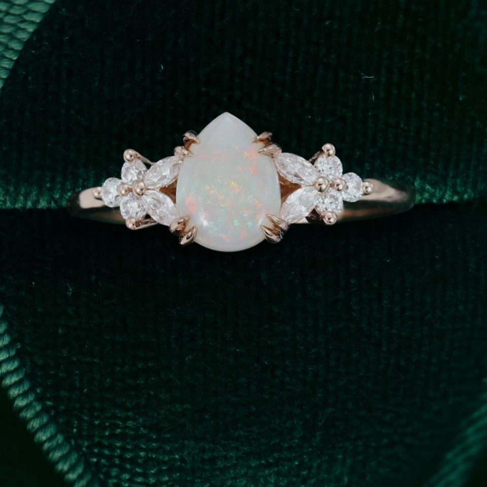 Pear Shaped Opal Engagement Ring – Moissanite Blossom Setting (3)