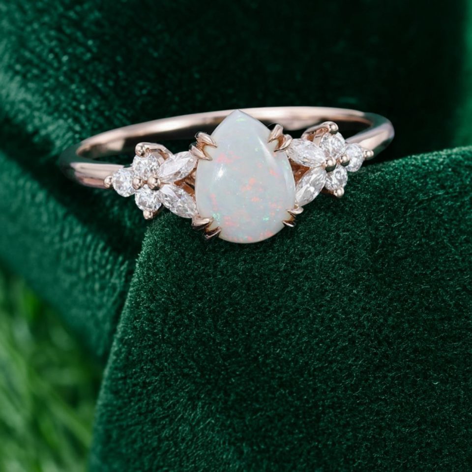 Pear Shaped Opal Engagement Ring – Moissanite Blossom Setting (5)