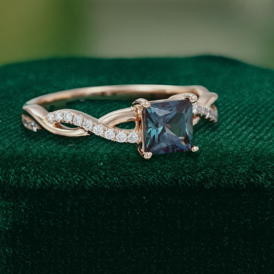 Princess Cut Alexandrite Engagement Ring with Luxurious Crossover Band Detail (4)