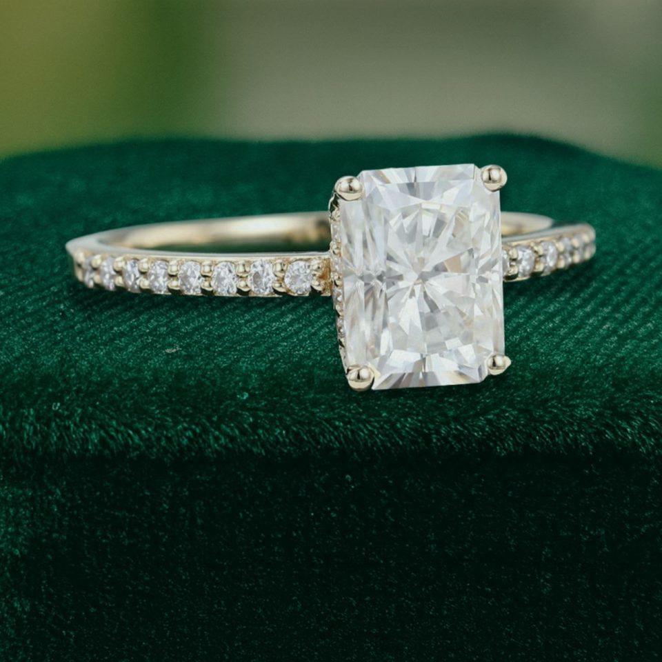 Radiant Cut Moissanite Pavé Engagement Ring in Yellow Gold (3)