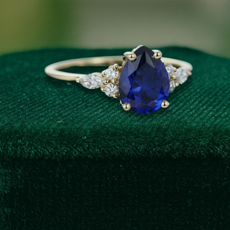 Romantic Pear Shaped Lab Sapphire Engagement Ring in Warm Yellow Gold (2)