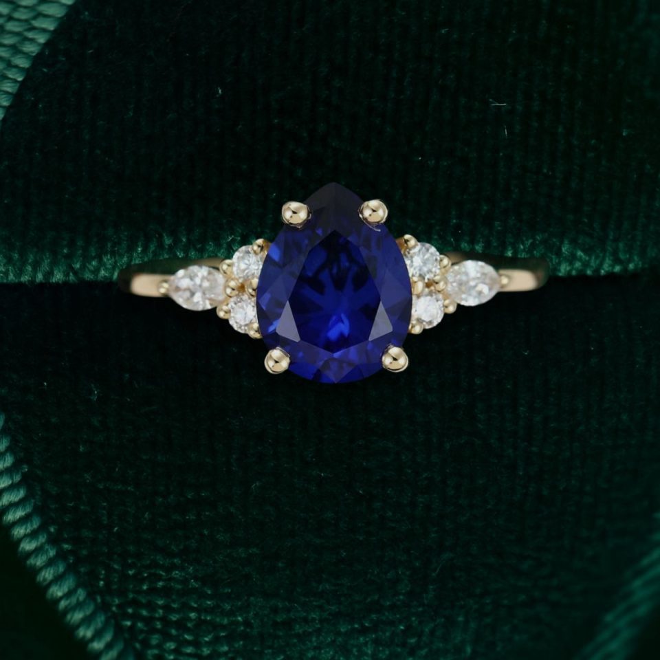 Romantic Pear Shaped Lab Sapphire Engagement Ring in Warm Yellow Gold (3)