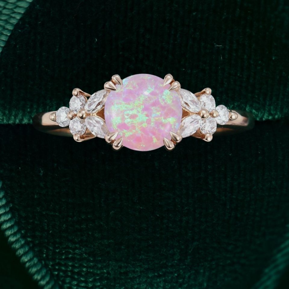 Romantic Round Cabochon Pink Opal Engagement Ring with Floral Accents (3)