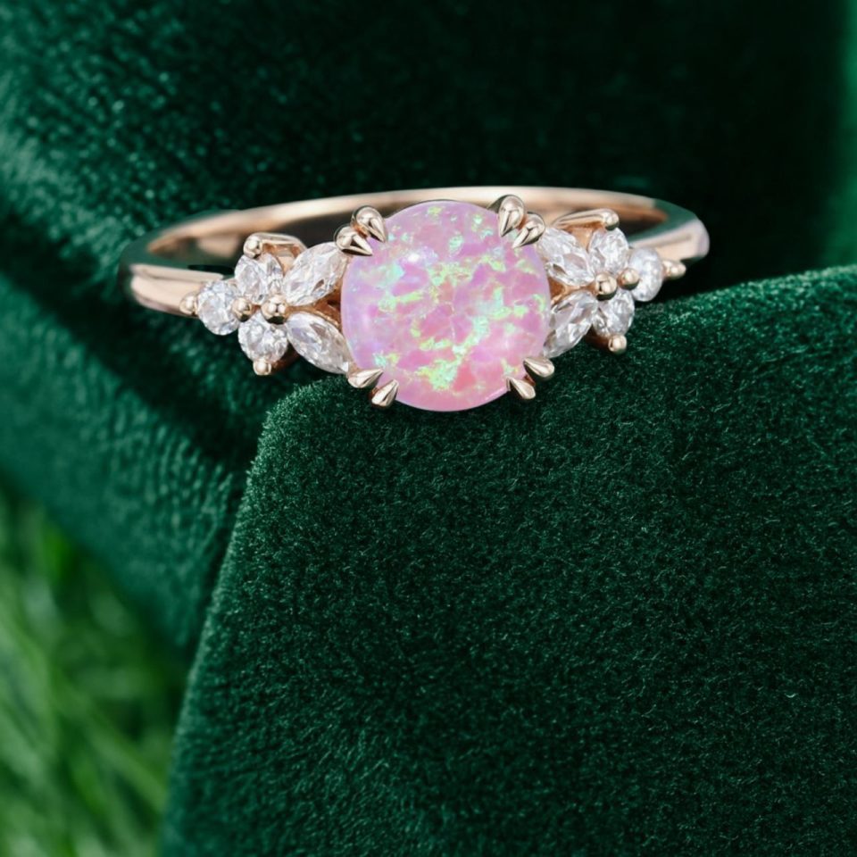 Romantic Round Cabochon Pink Opal Engagement Ring with Floral Accents (5)