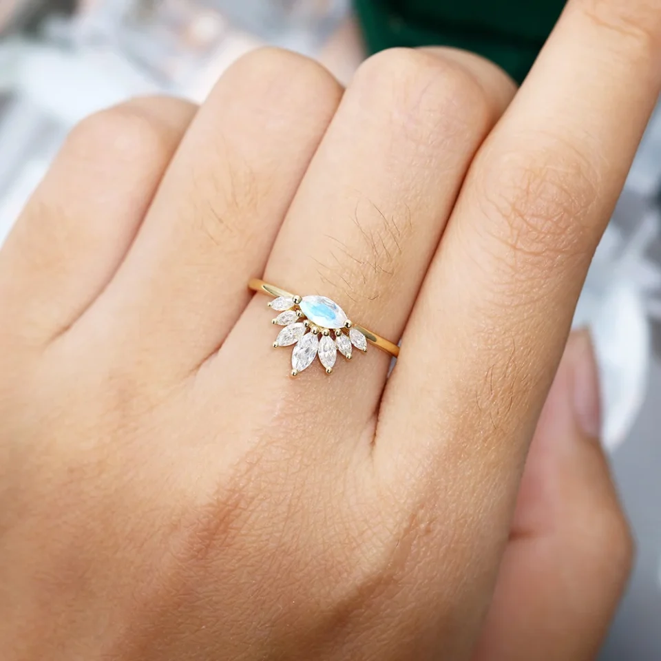Romantic Vintage Marquise Moonstone Engagement Ring in Yellow Gold .0