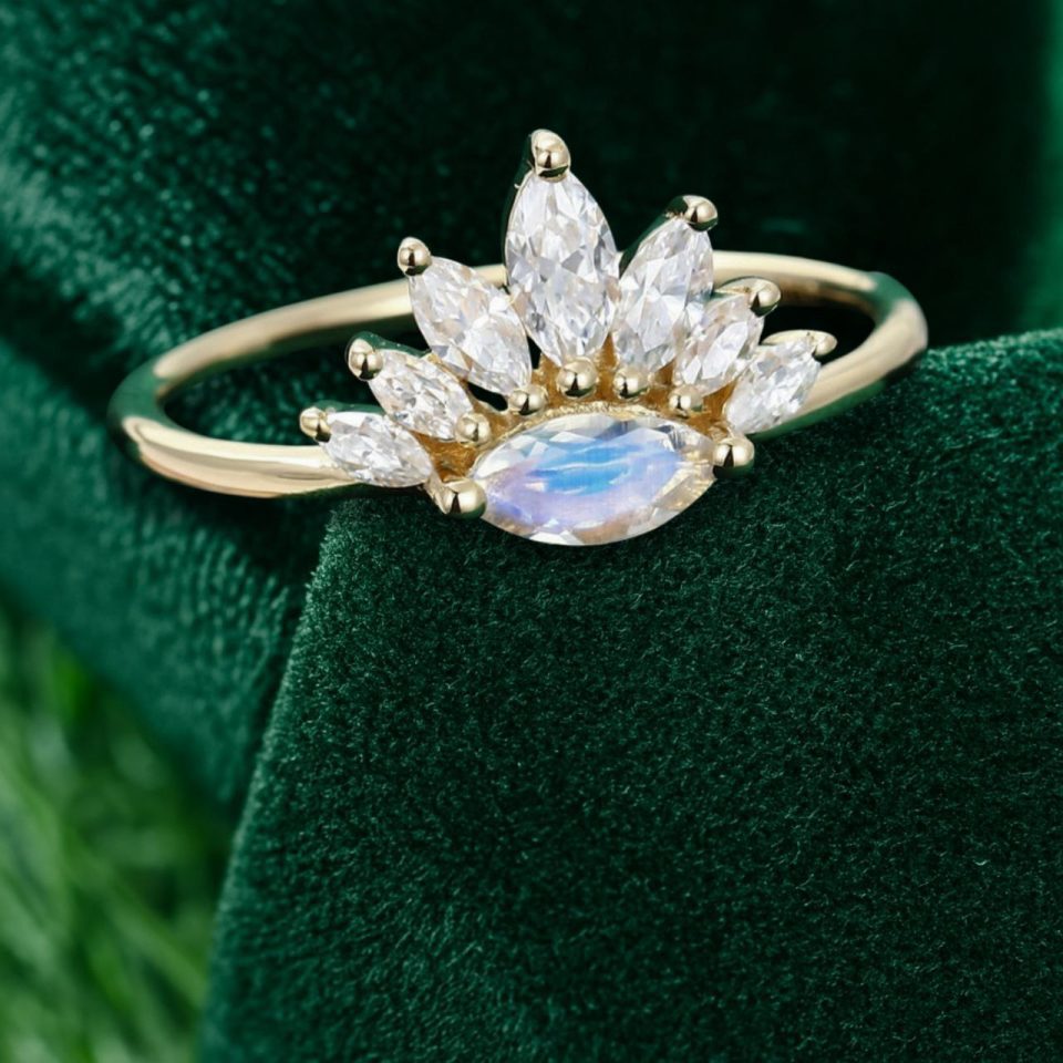 Romantic Vintage Marquise Moonstone Engagement Ring in Yellow Gold (1)