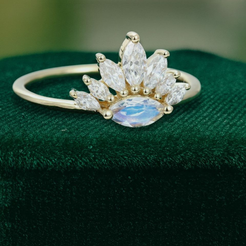 Romantic Vintage Marquise Moonstone Engagement Ring in Yellow Gold (3)