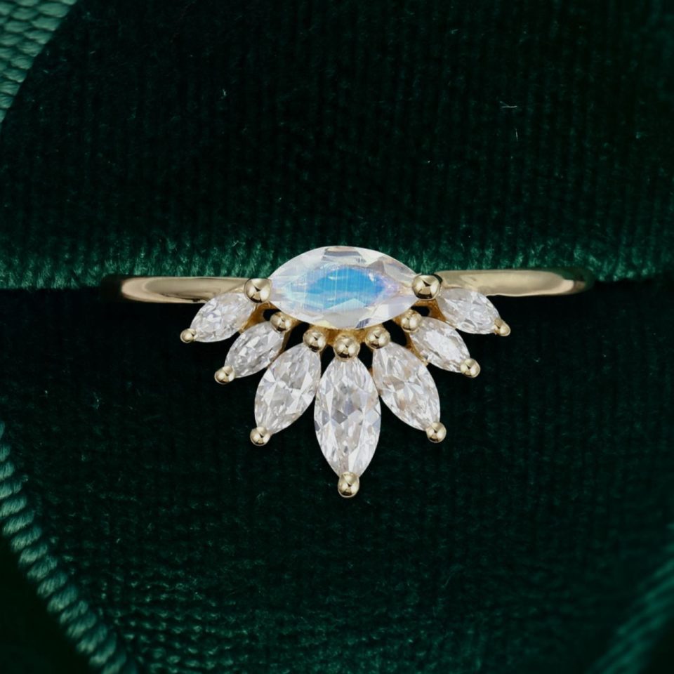 Romantic Vintage Marquise Moonstone Engagement Ring in Yellow Gold (4)