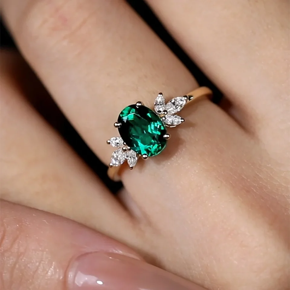 Rose Gold Oval Lab Emerald and Moissanite Wing Engagement Ring for Women (1)