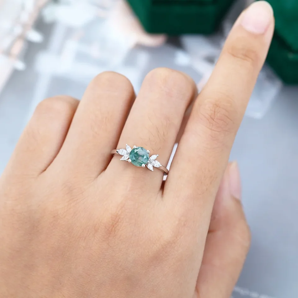 Round Cut Moss Agate Engagement Ring with Marquise Moissanite Details .0