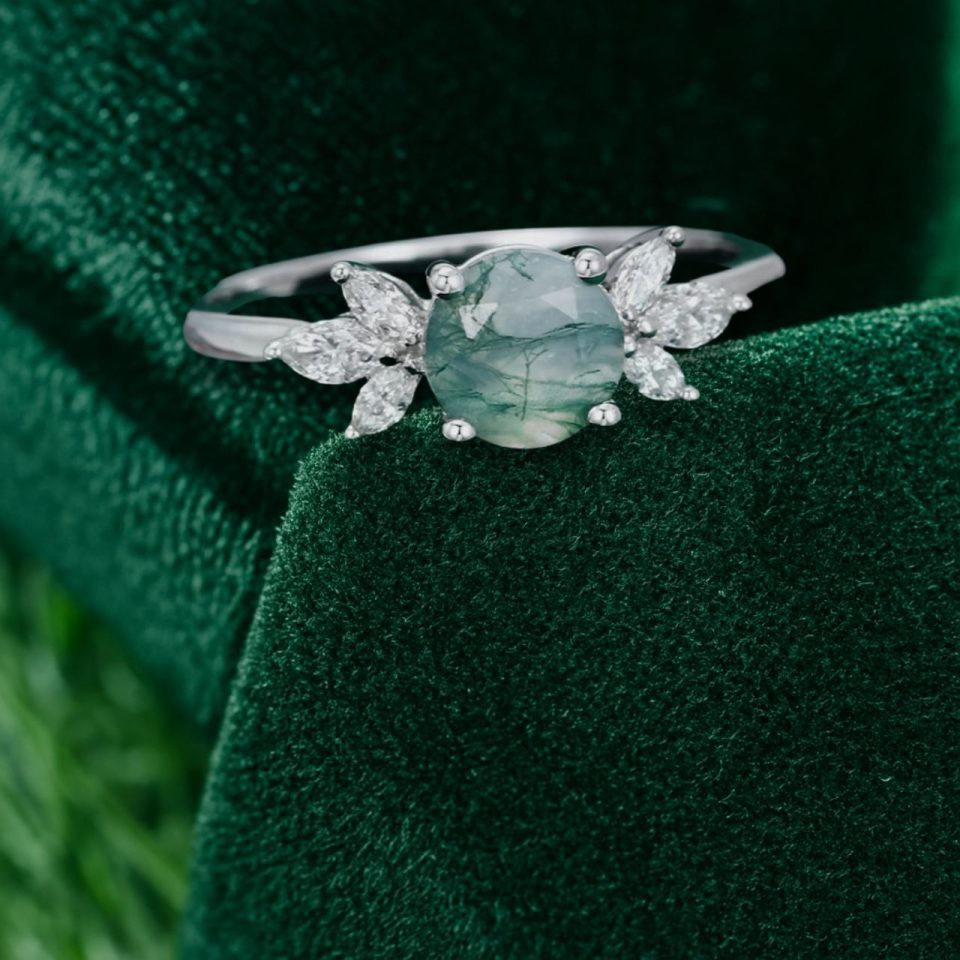 Round Cut Moss Agate Engagement Ring with Marquise Moissanite Details (1)