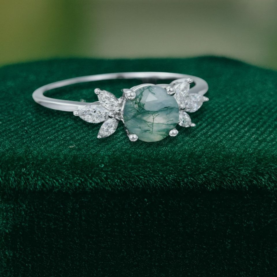 Round Cut Moss Agate Engagement Ring with Marquise Moissanite Details (3)