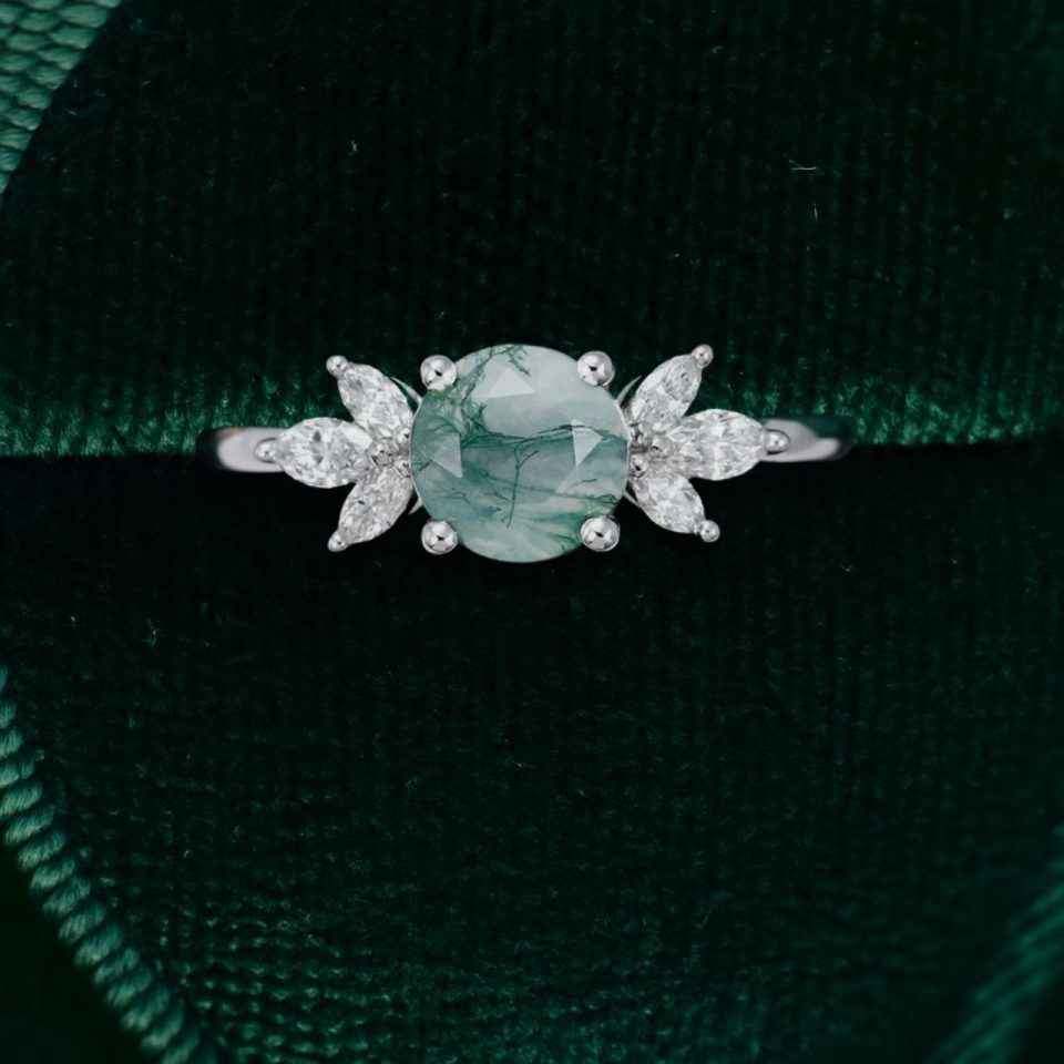 Round Cut Moss Agate Engagement Ring with Marquise Moissanite Details (4)