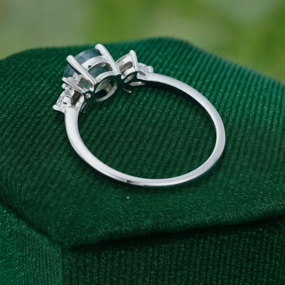 Round Cut Moss Agate Engagement Ring with Marquise Moissanite Details (5)