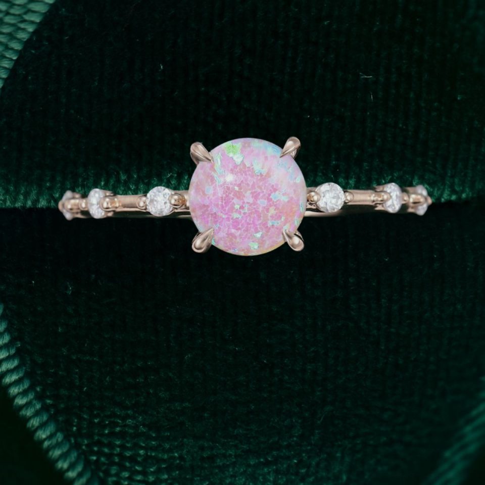 Round Cut Pink Opal Engagement Ring with Unique Distance Band (4)