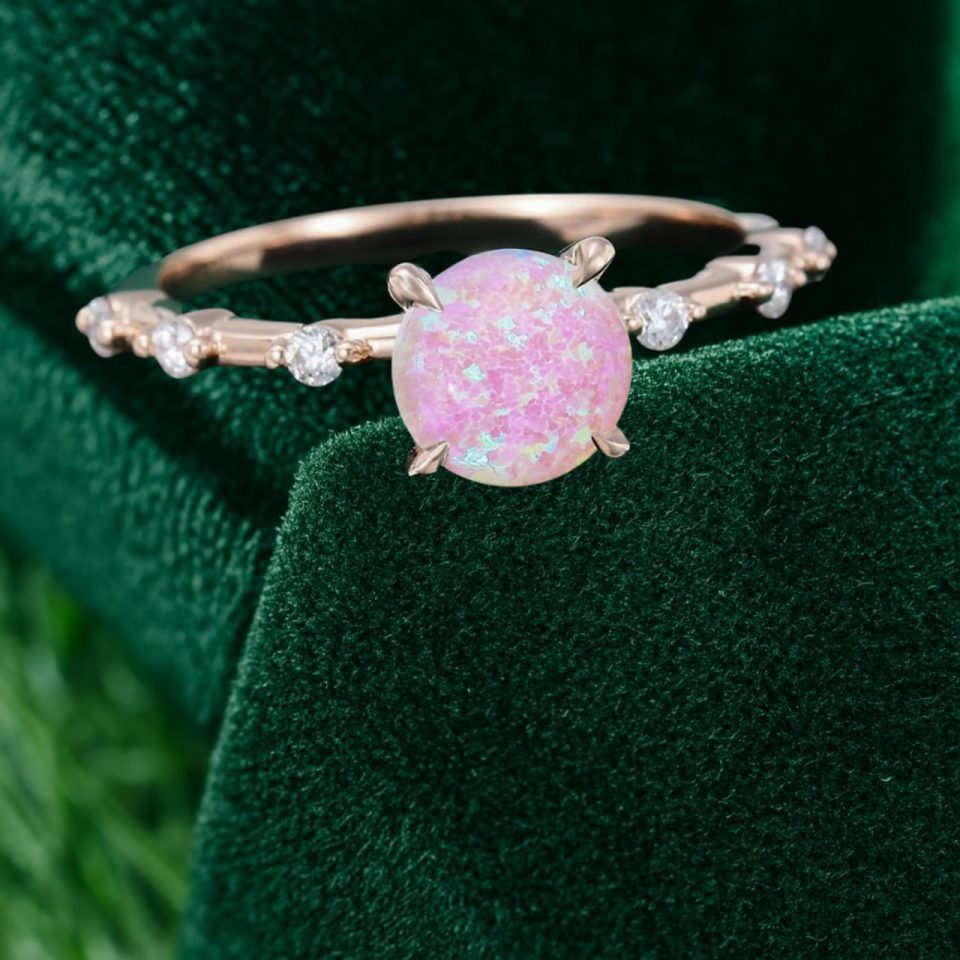 Round Cut Pink Opal Engagement Ring with Unique Distance Band (5)