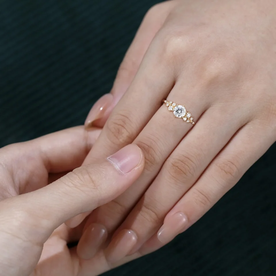 Snowdrift Half Carat Round Moissanite Promise Ring with Delicate Cluster and Flip Inspired Design