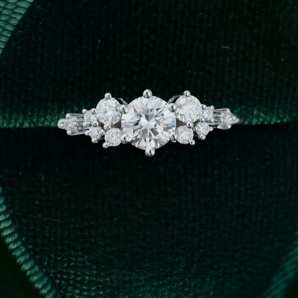 Snowdrift Round Cut Moissanite Engagement Ring with Symmetrical Cluster Design (3)