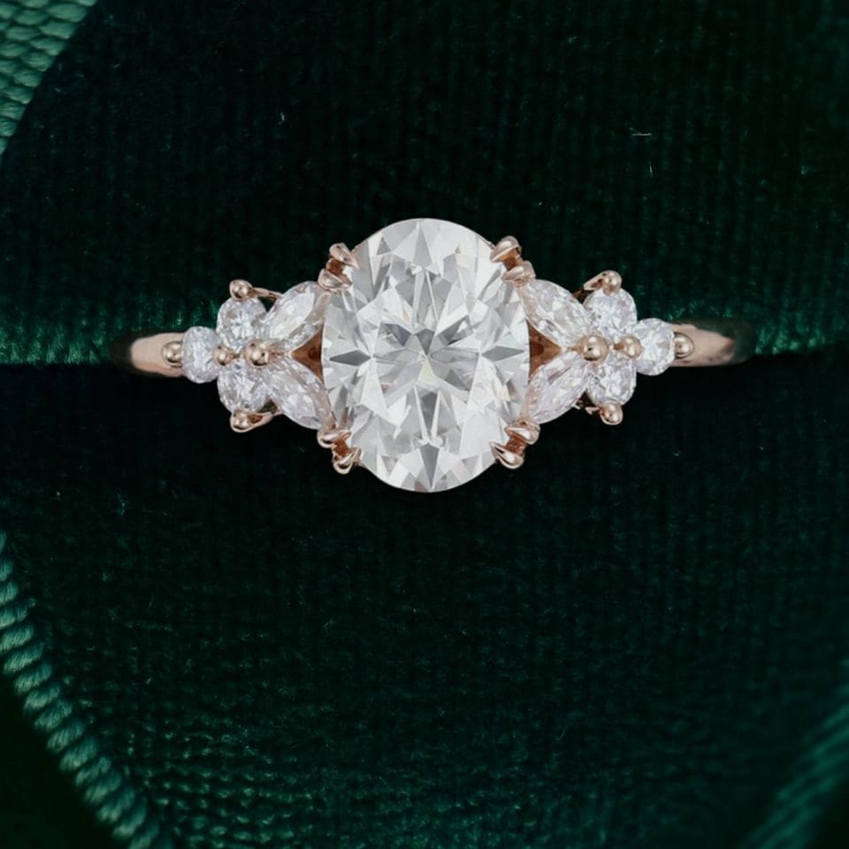 Sophisticated Oval Moissanite Engagement Ring with Double Claw Blossom Detail (4)