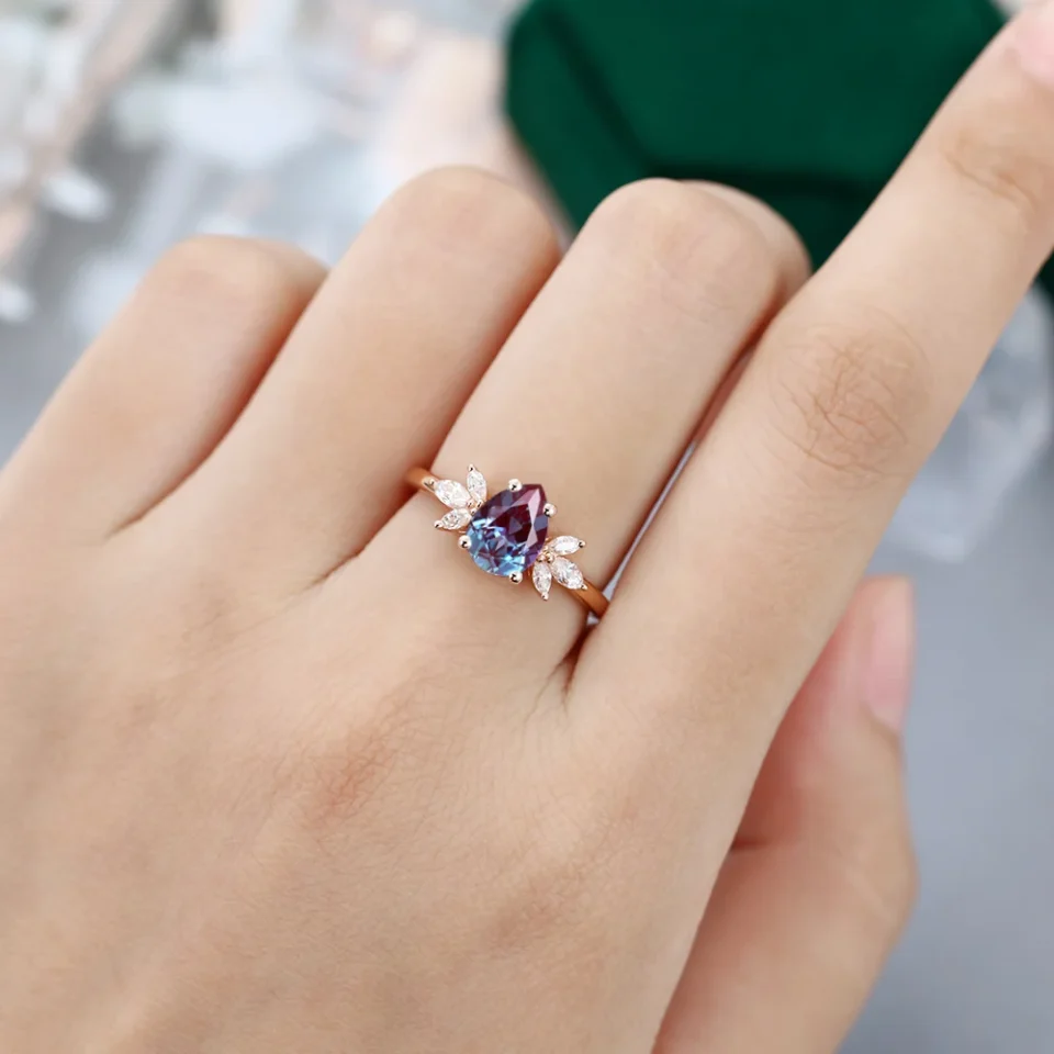 Sophisticated Rose Gold Pear Cut Alexandrite Engagement Ring .0