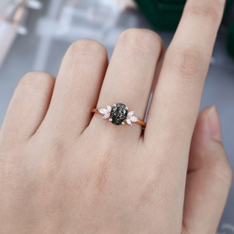 Timeless Aura 14K Rose Gold Black Rutilated Quartz Oval Engagement Ring (1)