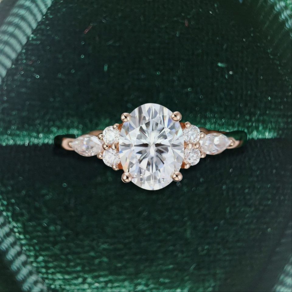 Timeless Oval Cut Moissanite Engagement Ring 1.5 Carat with Side Stone Accents .1