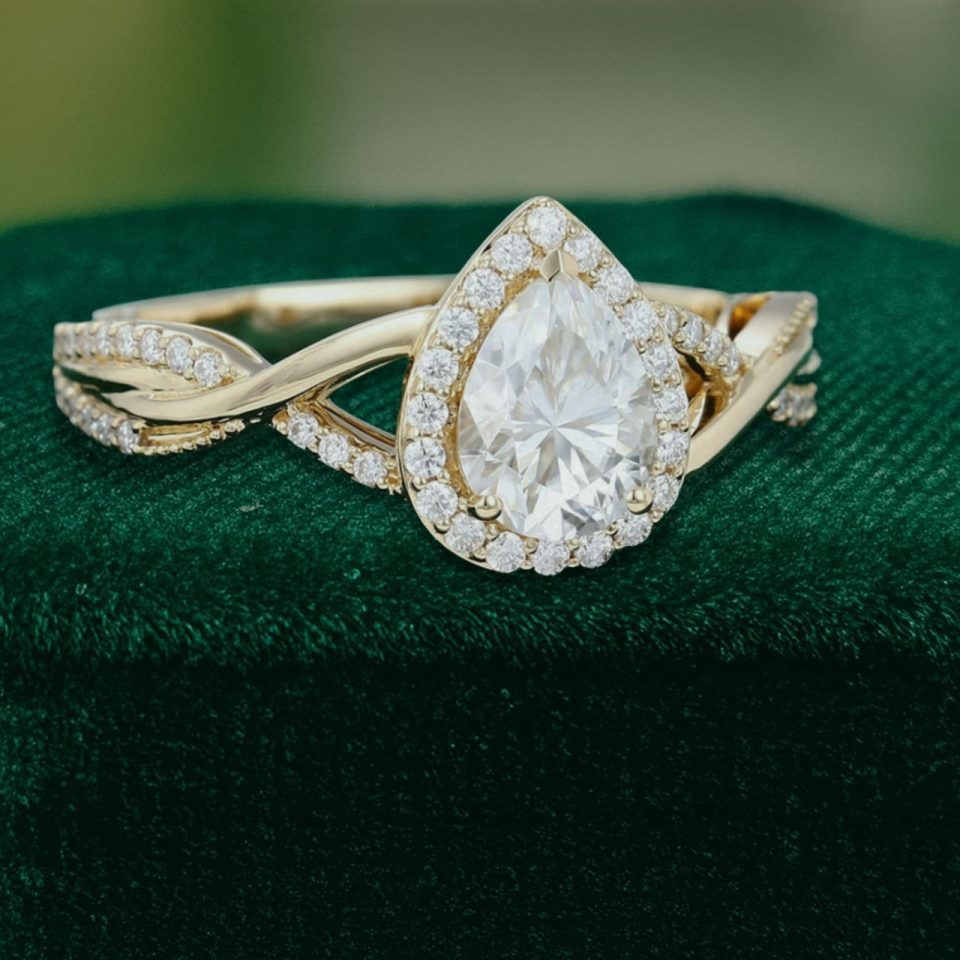 Timeless Pear Shaped Moissanite Halo Engagement Ring with Graceful Crossover Shank (4)