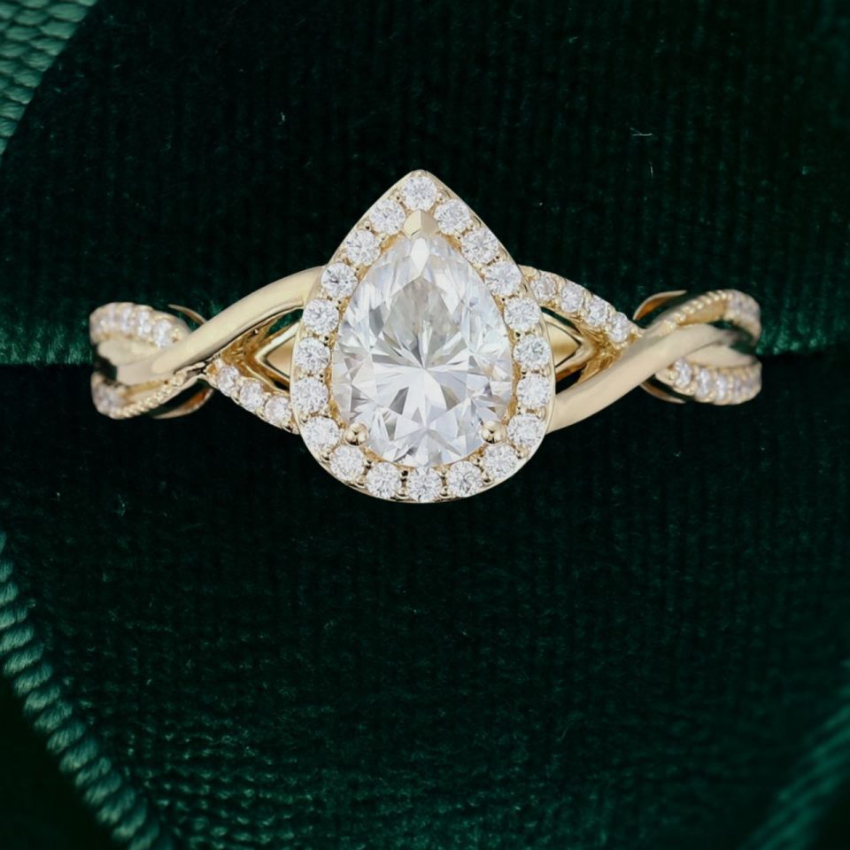 Timeless Pear Shaped Moissanite Halo Engagement Ring with Graceful Crossover Shank (5)