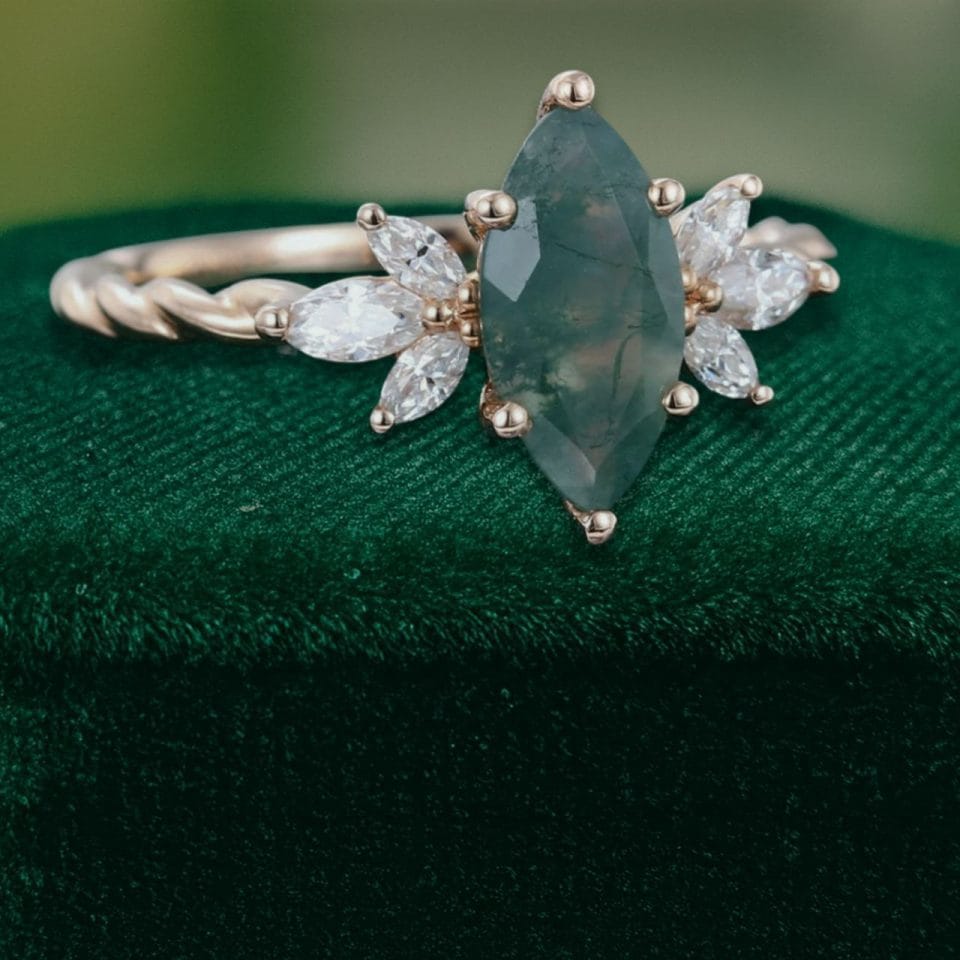 Twist Band Engagement Ring with Marquise-Cut Moss Agate (2)