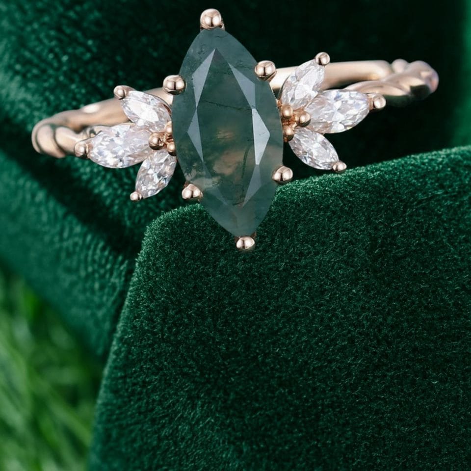 Twist Band Engagement Ring with Marquise-Cut Moss Agate (5)