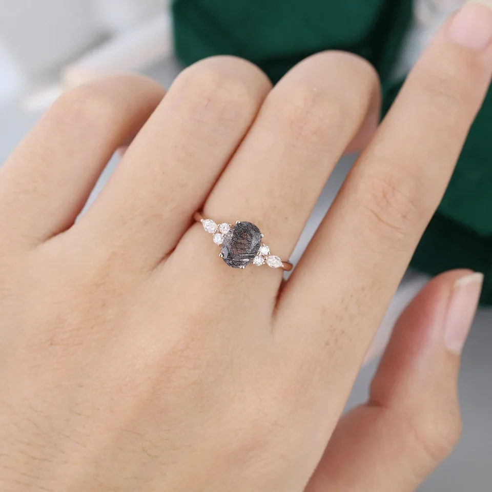 Unique Black Rutilated Quartz Ring with Moissanite Accents for Engagement.0
